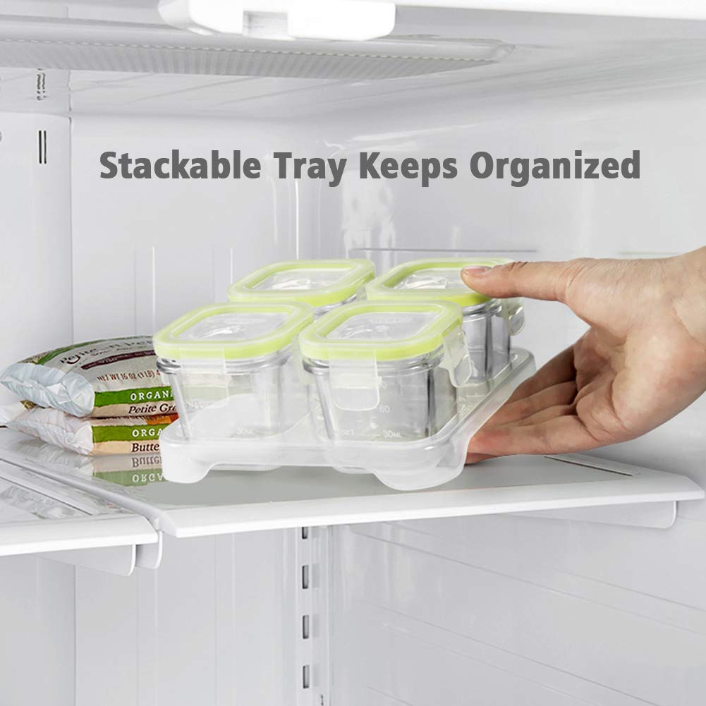 Matyz 4-Pack Glass Baby Food Containers with Airtight Lids and Stackable Tray (Mint Green, 3 OZ Each) - Glass Food Containers Freezer Safe for Baby Toddler - Stackable Baby Food Containers Glass