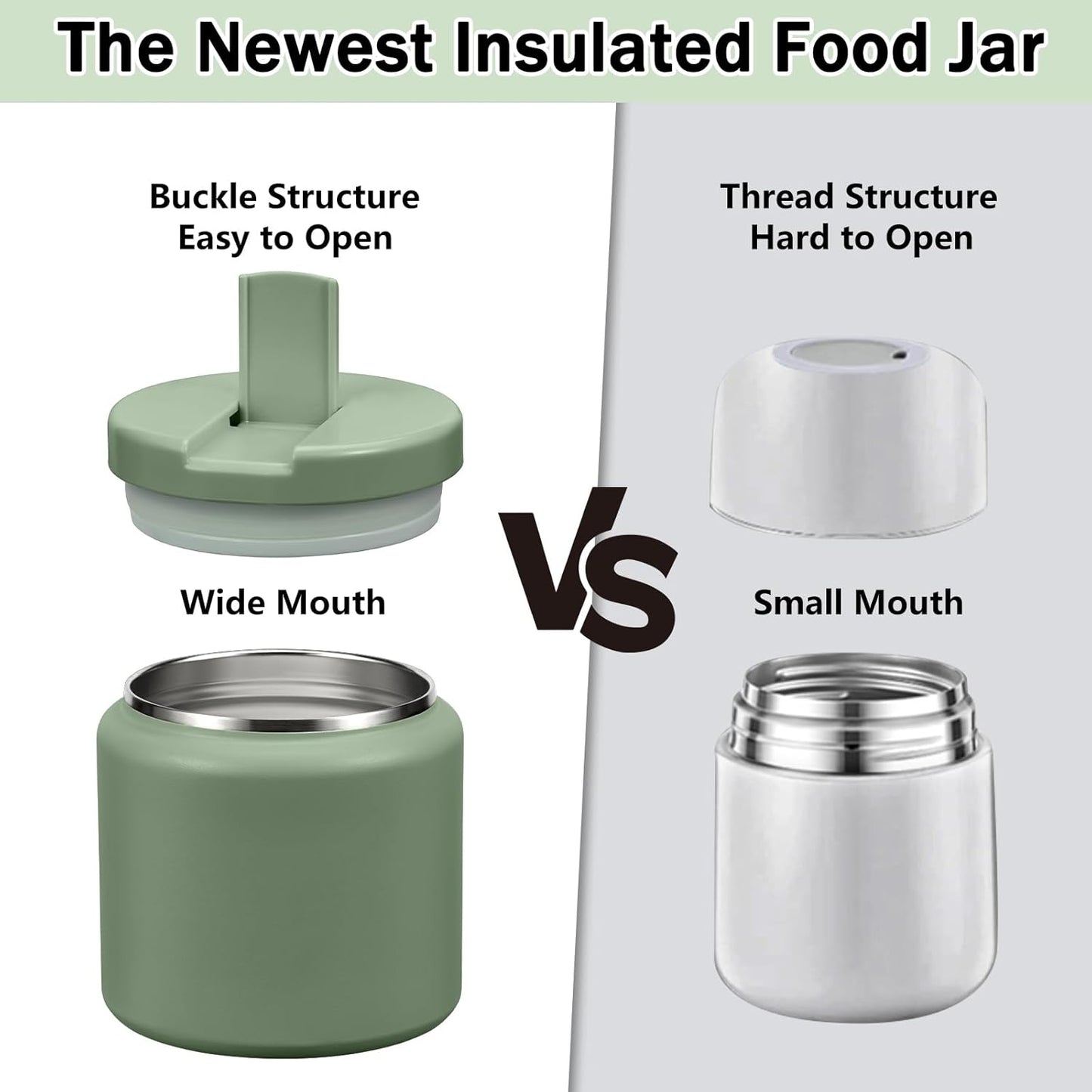 26oz Kids Jar for Hot Food, Insulated Vacuum Food Jar with Buckle Lid, Stainless Steel Wide Mouth Leak Proof Insulated Lunch Container for School Picnic Travel, Green