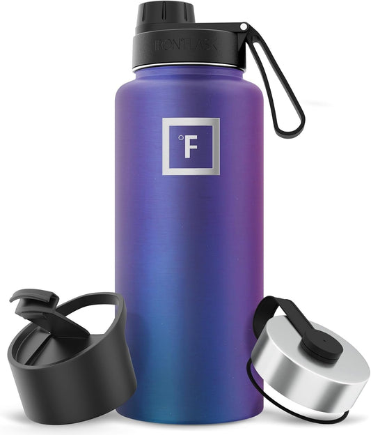 IRON °FLASK Camping & Hiking Hydration Flask with 3 Lids - Stainless Steel, Double Walled & Vacuum Insulated Water Bottle - Leak Proof & BPA Free (Aurora, Spout - 32 oz)