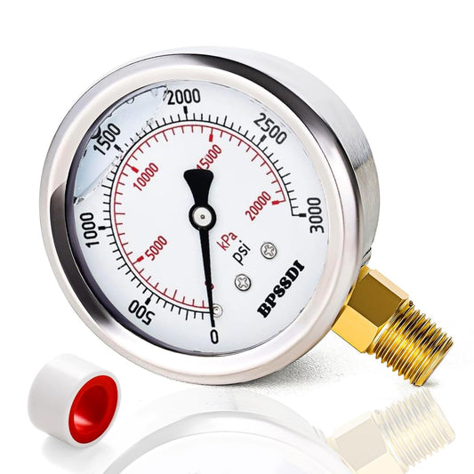 0-3000 Psi Glycerin Liquid Filled Hydraulic High Pressure Gauge, 2.5" Dial Size, 1/4" NPT Lower Mount, 304 Stainless Steel Case, for Water Oil Air Gas Pressure Test