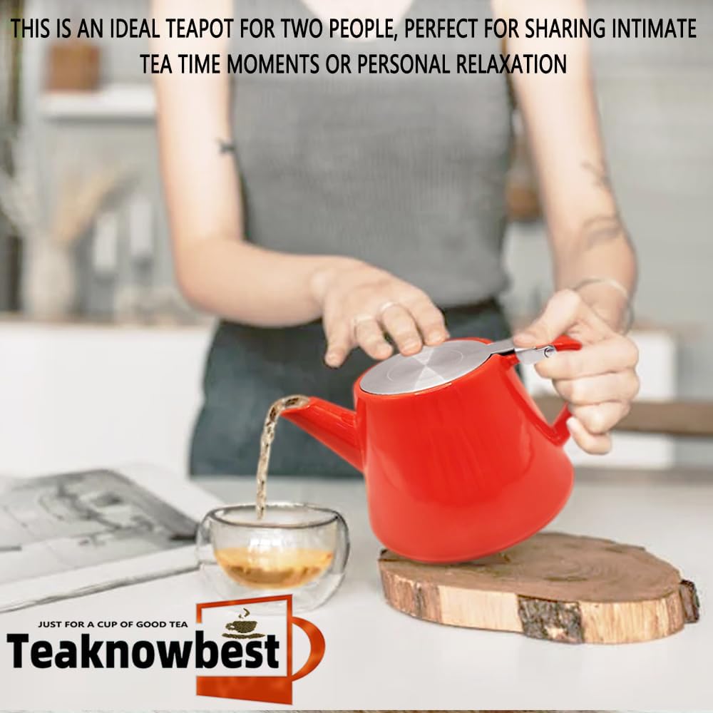 Ceramic teapot, 19oz Tea pot for loose leaf tea, Tea infuser pot with Removable 18/8 Stainless Steel Infuser and teaspoon, Suitable for 1-2 people to brew tea or coffee (pink)