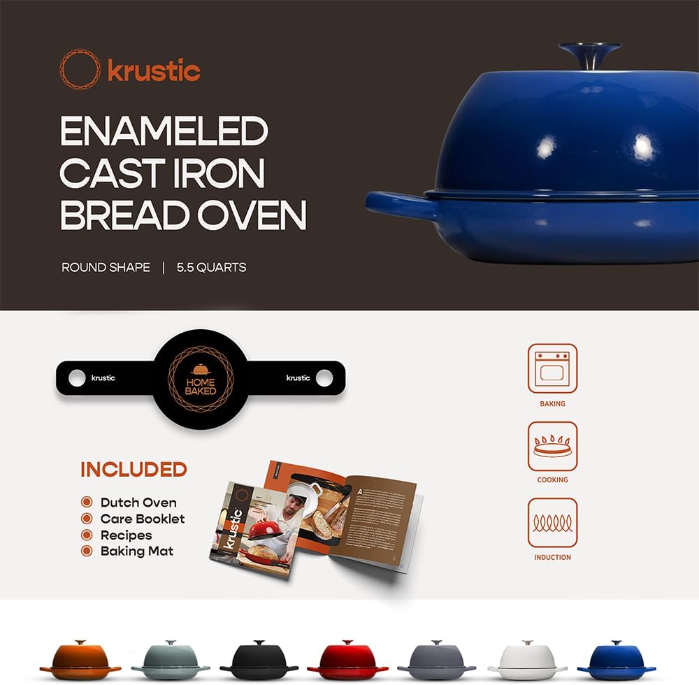 Enameled Cast Iron Dutch Oven for Sourdough Bread Baking | 6 Quart Pot with Lid | 10 Inch Ceramic Enamel Thick Coated Cookware Set with Non Stick Silicone Baking Mat for Cooking