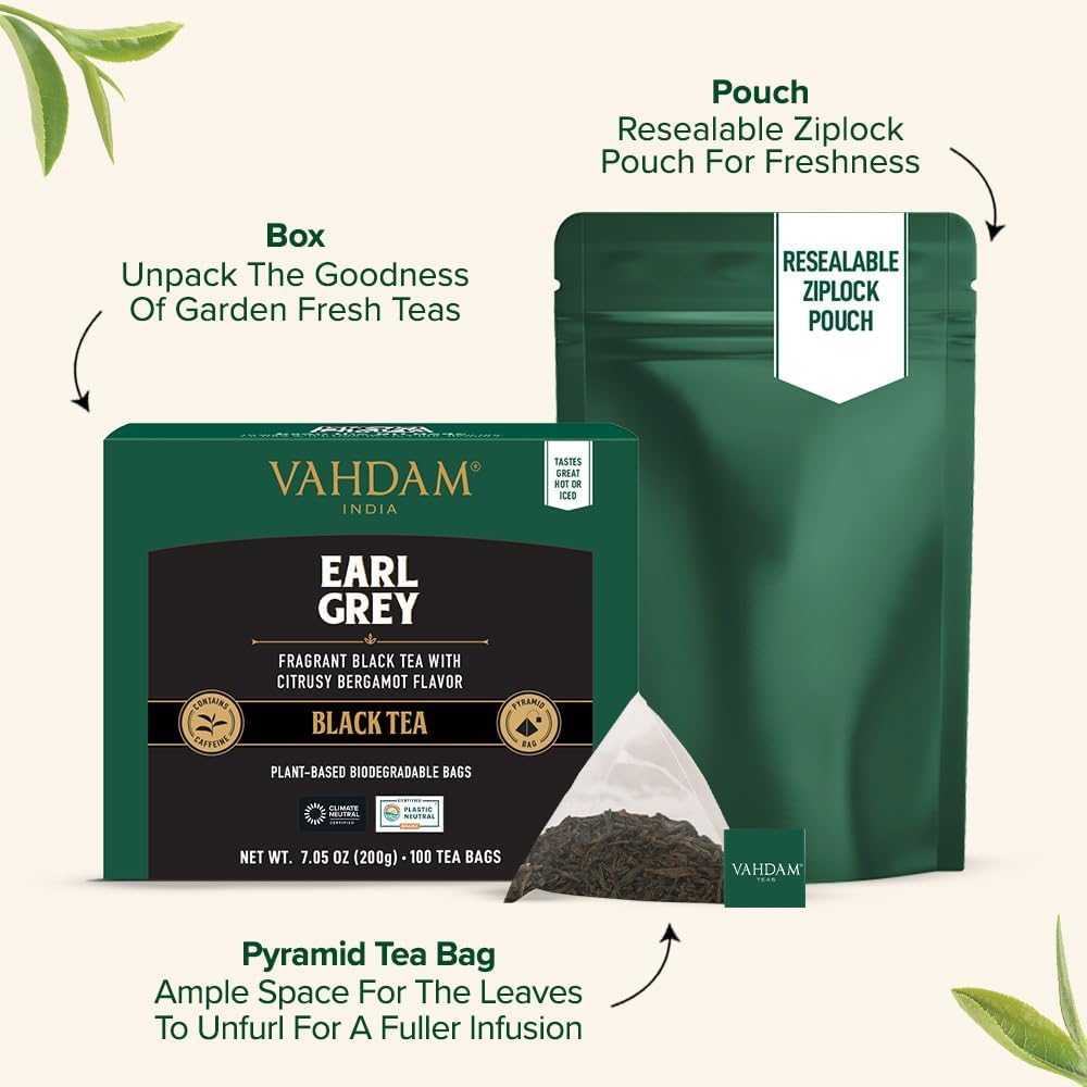 VAHDAM, Earl Grey Black Tea Bags (100 Count) Medium Caffeine, Non GMO, Gluten Free | Citrus Bergamot & Smooth | Resealable Ziplock Pouch | Plant Based Tea Bags