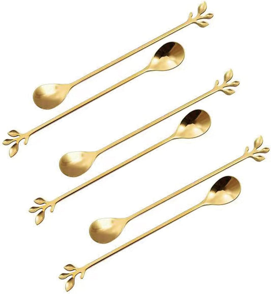 Long Handle Ice Tea Spoons Set Ice Cream Leaf Spoon Stainless Steel Cocktail Stirring Spoon Gold Coffee Spoons For Coffee Bar Dessert Hottea Shakes (6 Pcs, Gold)