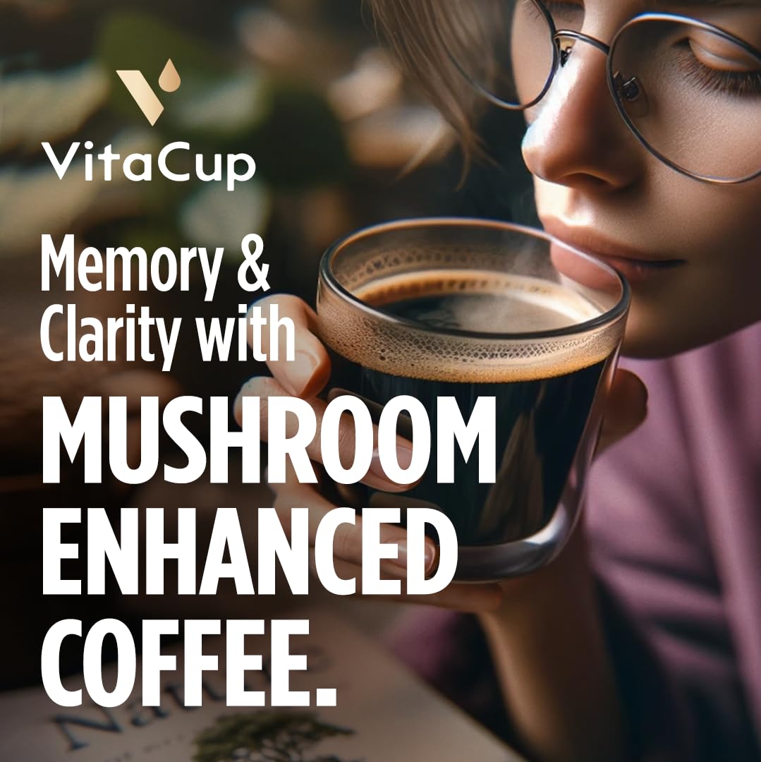VitaCup Focus Mushroom Coffee Grounds, with Lions Mane, Chaga, B Vitamins, D3, Boost Focus, Immunity, Memory & Clarity, Medium Dark Roast, 100% Arabica Specialty, 20oz, 52 Servings