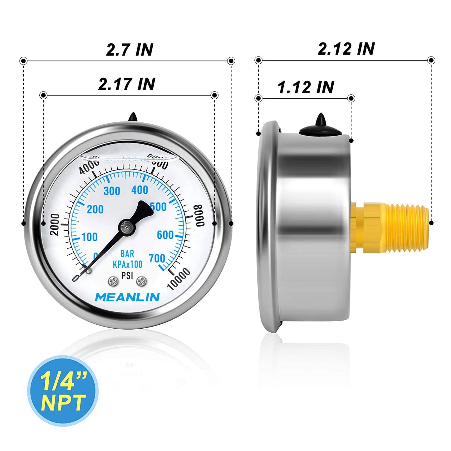 MEANLIN MEASURE 0~10000Psi Stainless Steel 1/4" NPT 2.5" FACE DIAL Liquid Filled Pressure Gauge WOG Water Oil Air Center Back Mount, with 1/4" x 1/2" NPT and 1/4" x 3/8" NPT Hex Bushing