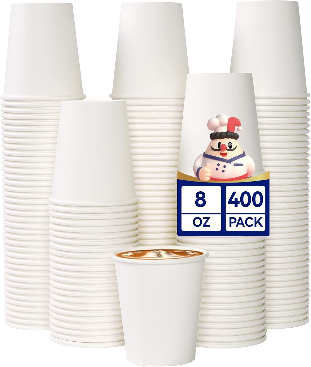 JOLLY CHEF 400 Pack 8 oz Paper Coffee Cups, White Beverages Drinking Cups for Coffee, Water Juice or Tea, Suitable for Party, Picnic, Travel, and Events