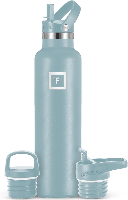 IRON °FLASK Camping & Hiking Hydration Canteens - 3 Lids (Narrow Straw Lid) Leak Proof Vacuum Insulated Stainless Steel - Hot & Cold Double Walled Sports Water Bottle - Elemental Gray, 24 Oz