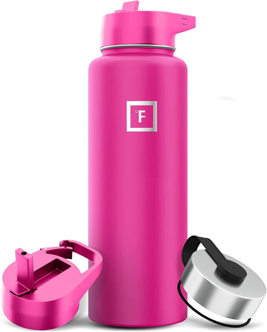 IRON °FLASK Camping & Hiking Hydration Flask with 3 Lids - Stainless Steel, Double Walled & Vacuum Insulated Water Bottle - Leak Proof & BPA Free (Pink Tulip, Straw - 40 oz)
