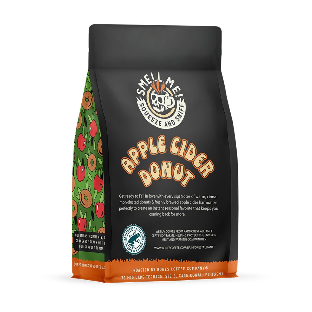 Bones Coffee Company Apple Cider Donut Flavored Coffee, Medium Roast Low Acid Arabica Beans Compatible with Auto drip and French Press Coffee Maker, 12 Oz Whole Bean