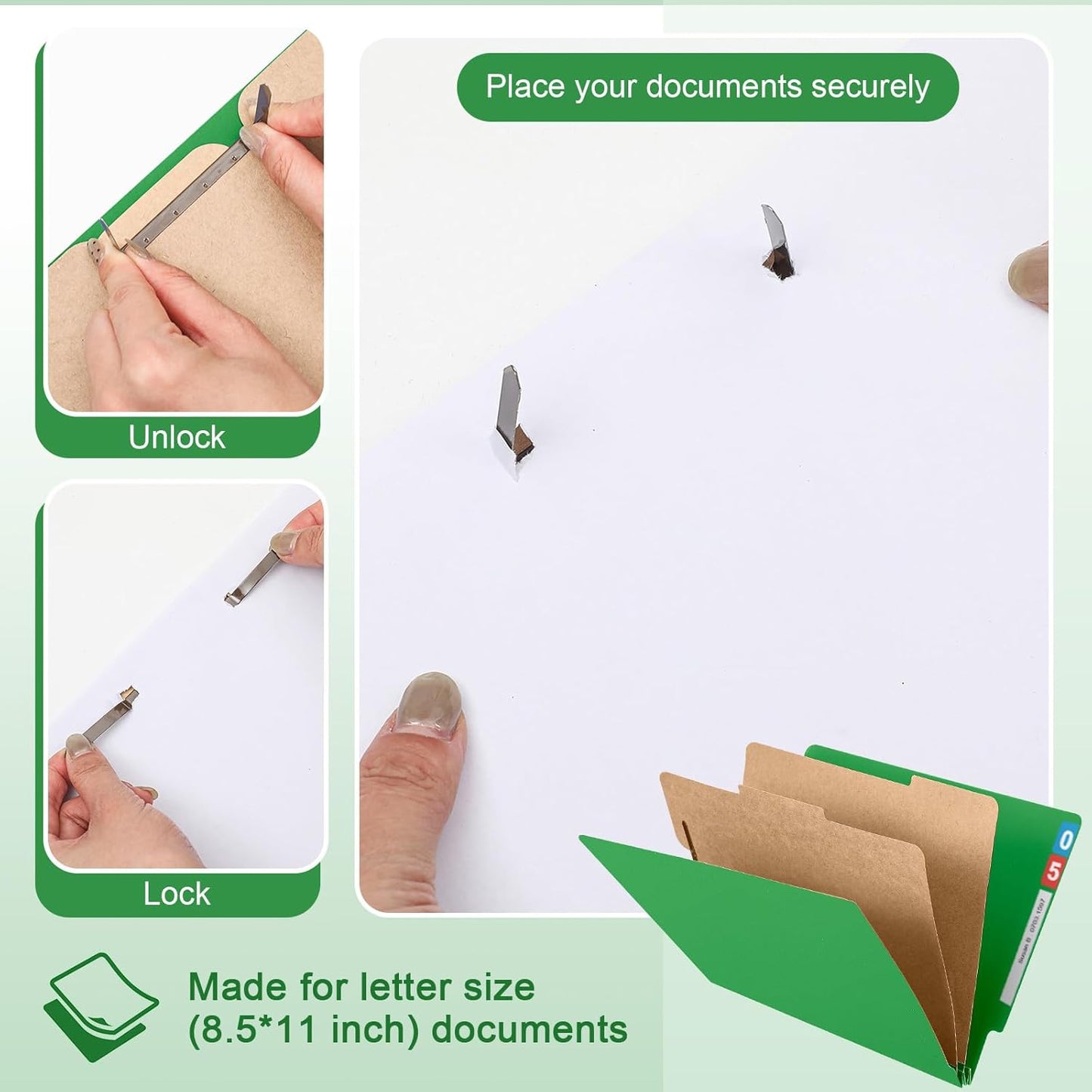 24 Pcs Classification Folders Letter Size, Back to School Supply for Teacher, Student, 2 Dividers Pressboard File Folder Bulk with Fasteners, 3.5 Inch Expanding File Organizer(Green)