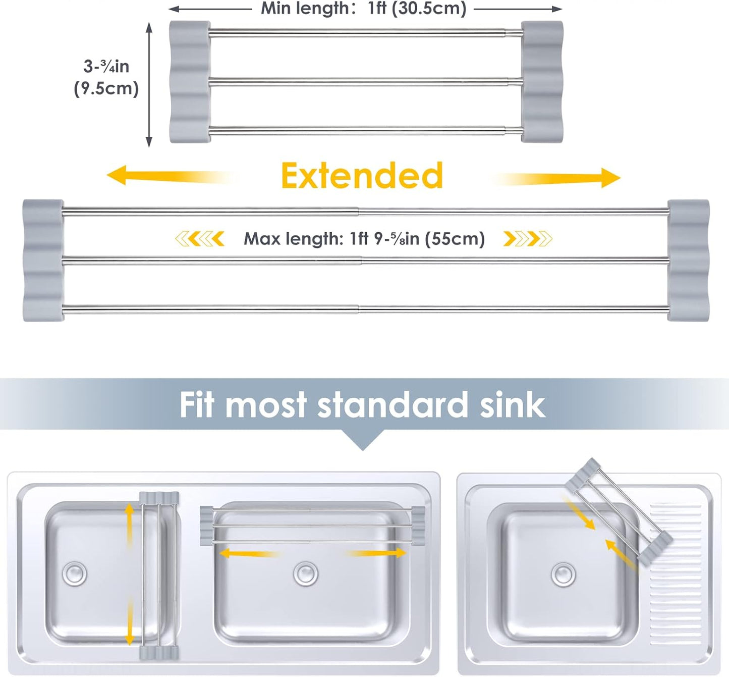 Tomorotec Adjustable Over-The-Sink Kitchen Rack for Dishcloths, Sponges, Bottles and Brushes - Heat-Resistant Stainless Steel with Slim, Expandable Design and Multifunctional Silicone Holder