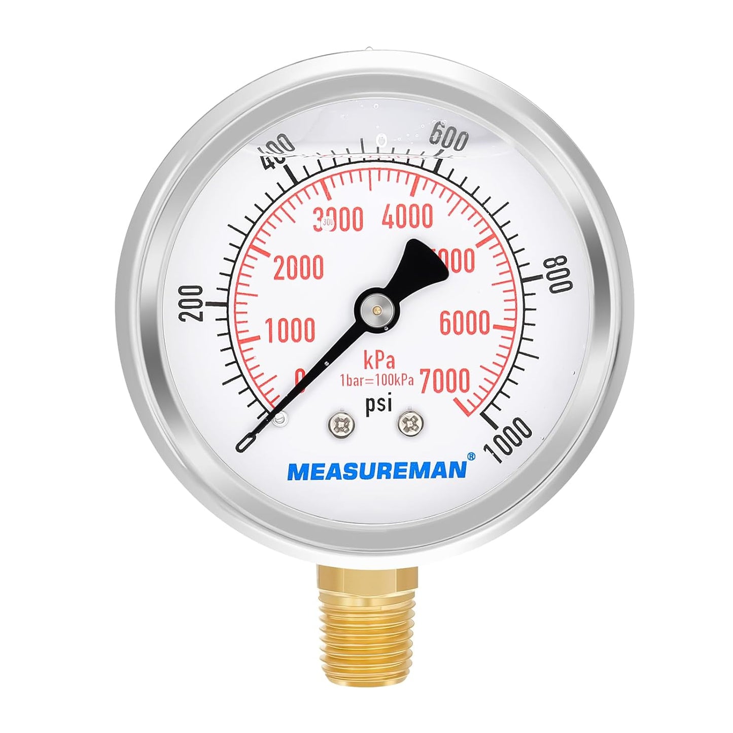 MEASUREMAN 2-1/2inch Dial Size, Liquid Filled Pressure Gauge, 0-1000psi/7000kpa, 304 Stainless Steel Case, 1/4inchNPT Lower Mount