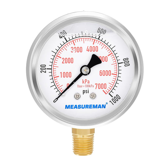 MEASUREMAN 2-1/2inch Dial Size, Liquid Filled Pressure Gauge, 0-1000psi/7000kpa, 304 Stainless Steel Case, 1/4inchNPT Lower Mount
