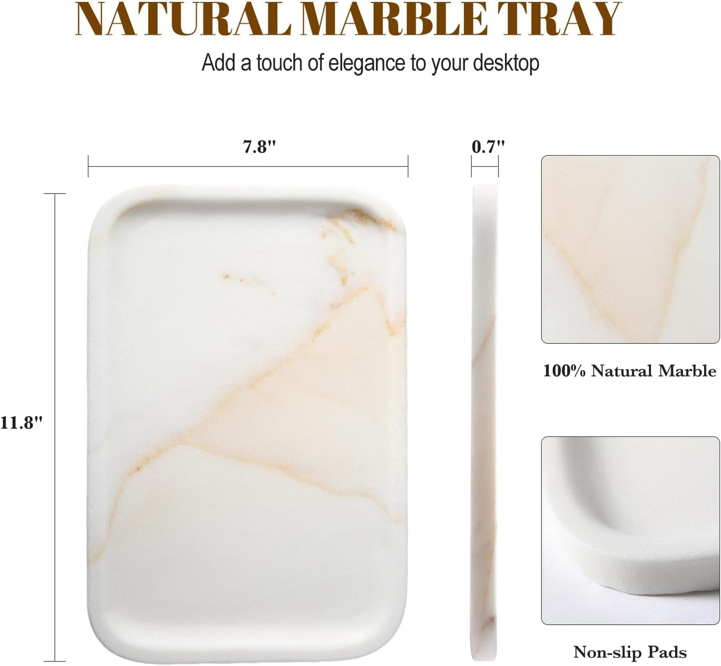 Koville Marble Tray, 12"x8" Marble Vanity Tray for Bathroom Kitchen Countertop, Rectangular Stone Tray for Cosmetics Perfume Trinket, Decorative Catchall Trays (Golden Calacatta)
