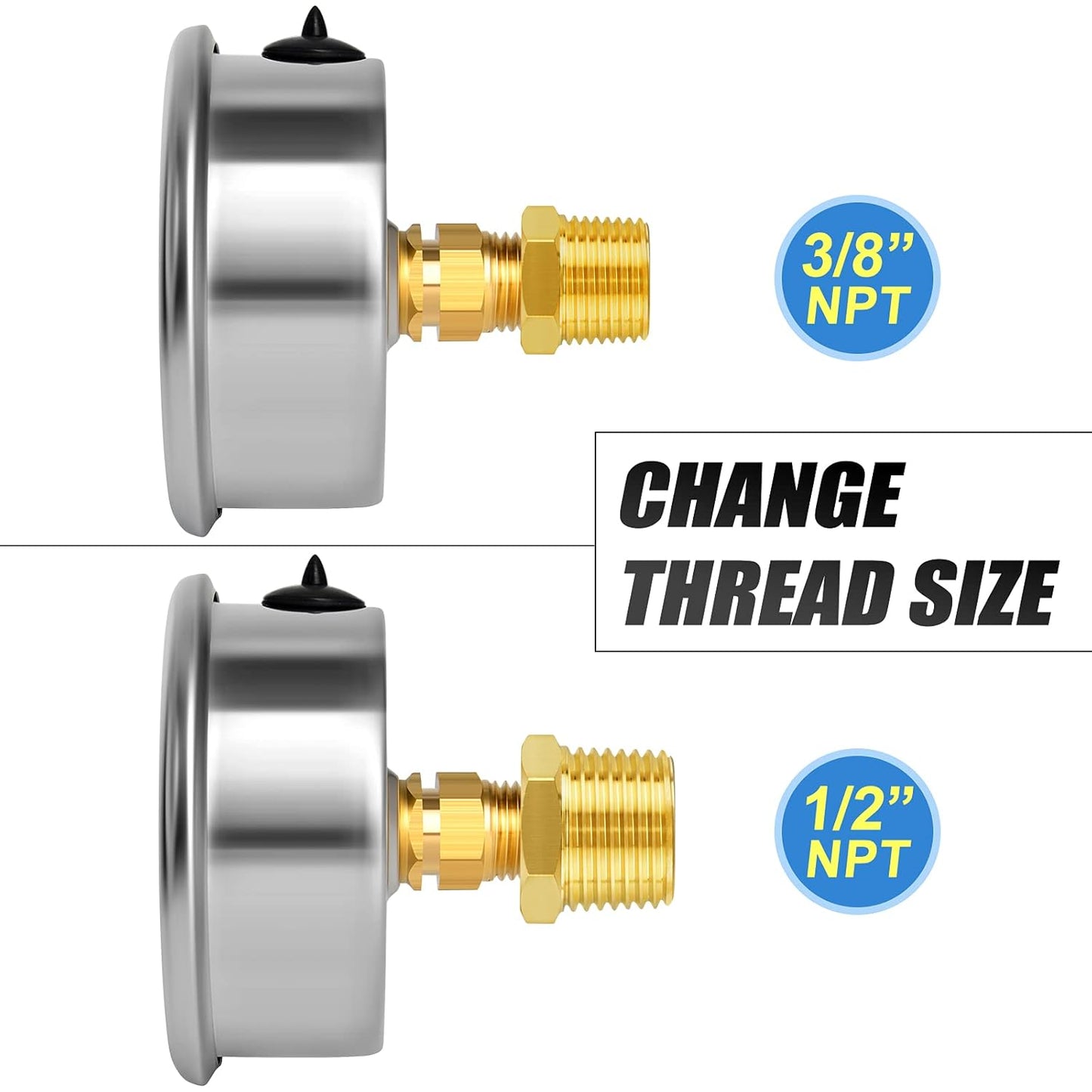 MEANLIN MEASURE 0~4000Psi Stainless Steel 1/4" NPT 2.5" FACE DIAL Liquid Filled Pressure Gauge WOG Water Oil Air Center Back Mount, with 1/4" x 1/2" NPT and 1/4" x 3/8" NPT Hex Bushing