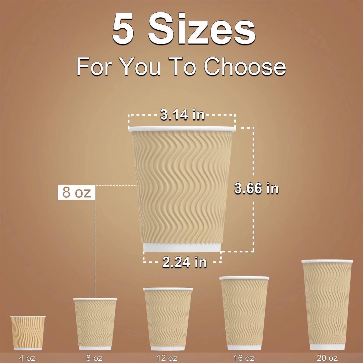 Hot 8 oz Disposable Insulated Corrugated Sleeve Ripple Wall Paper Coffee Cups for Drink, 100,8oz, Brown,Hot Coffee Cups