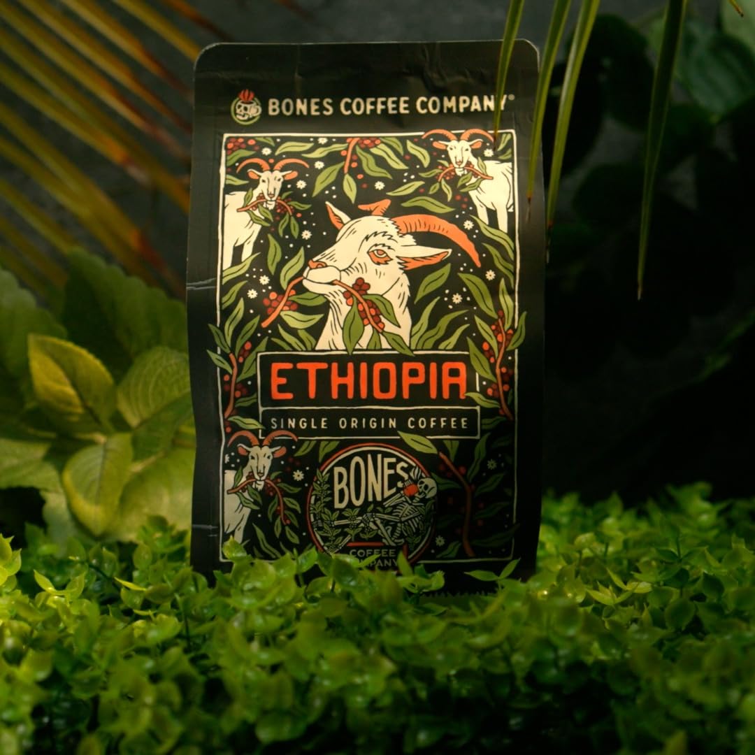 Bones Coffee Company Ethiopia Single-Origin, Citrus, Floral and Berries Notes, Whole Coffee Beans, Low Acid Medium Roast Arabica Beans Flavored Coffee, 12 oz Whole Bean
