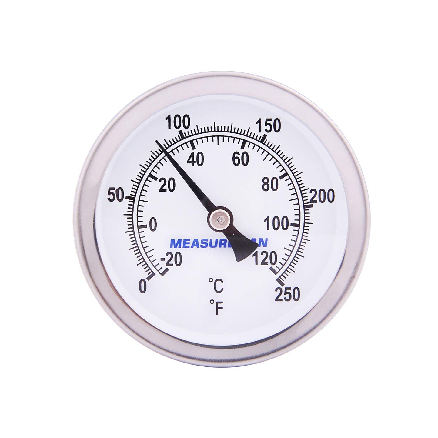 MEASUREMAN Hot Water Bi-Metal Thermometer, 2-1/2" Dial, 1-3/4" Lead-Free Brass Stem, Range 0-250 deg F/-20-120 deg C, 2% Accuracy, Adjustable, 1/2" NPT Back Mount