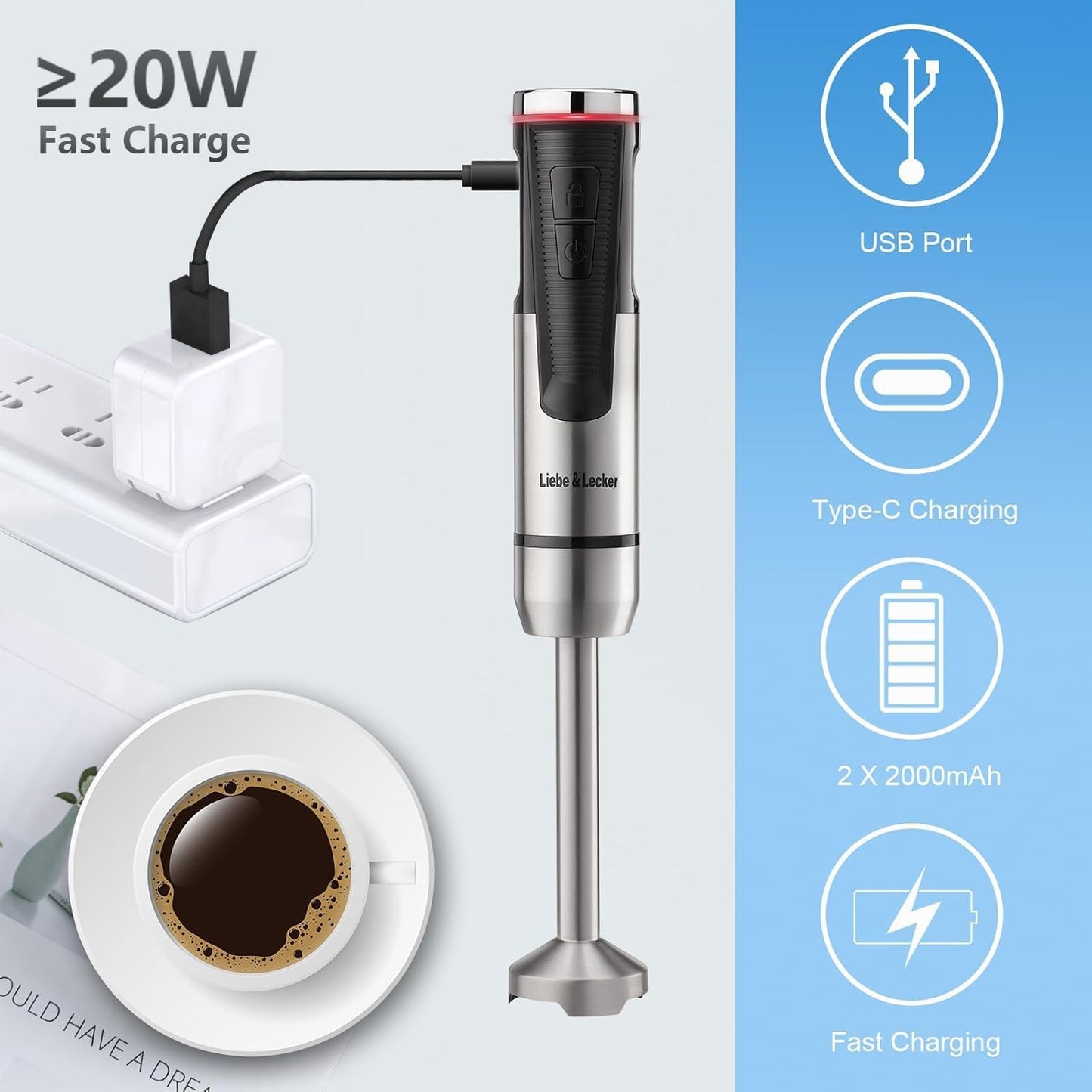 Liebe&Lecker Cordless Hand Blender, Immersion Blender Handheld USB Rechargeable 8 Variable Speeds with Whisk, Milk Frother Attachments, Portable Stick mixed for Milkshakes, Smoothies & Soups.