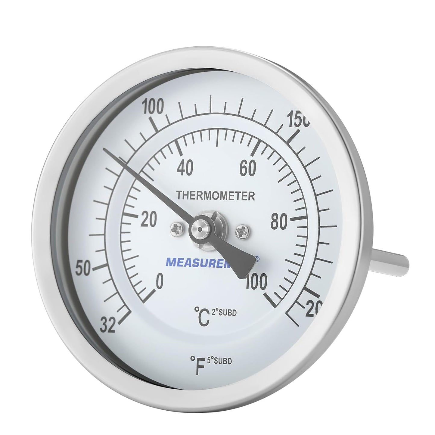 MEASUREMAN Hot Water Thermometer, 3" Dial, 2" Lead-Free Brass Stem, 32-212F/0-100C Range, 2% Accuracy, Adjustable, 1/2" NPT Back Mount