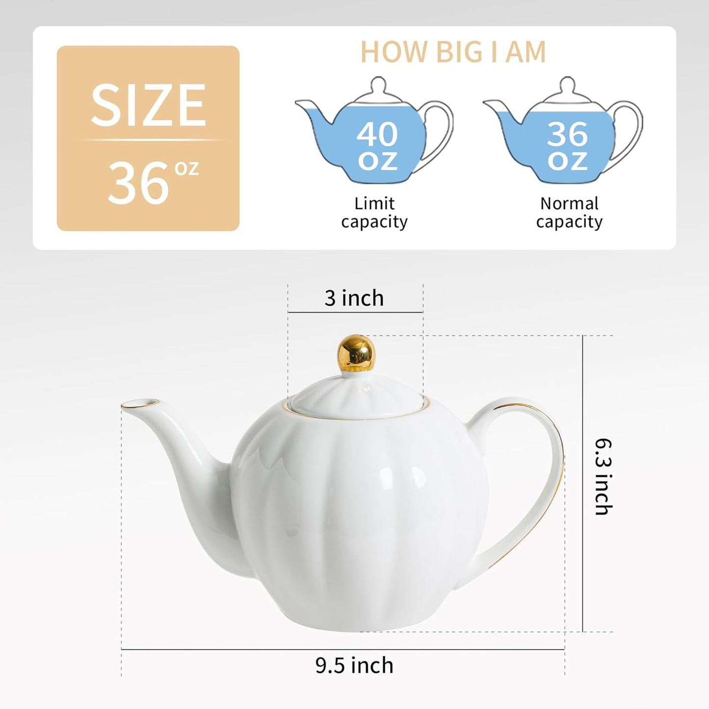 36oz White Porcelain Teapot with Gold Trim, Large Ceramic Teapot for Loose Leaf Tea & Tea Bags, Elegant Tea Party, Gift for Tea Lovers, Classic Design
