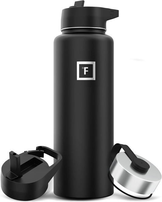 IRON °FLASK Camping & Hiking Hydration Flask with 3 Lids - Stainless Steel, Double Walled & Vacuum Insulated Water Bottle - Leak Proof & BPA Free (Midnight Black, Straw - 40 oz)