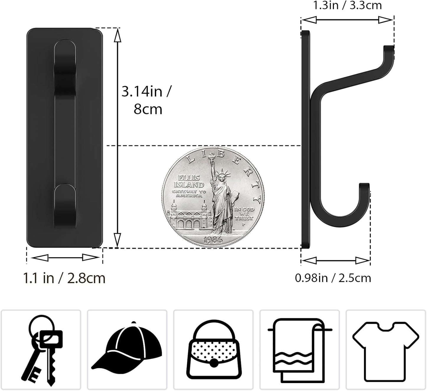 Wall Hooks for Coat and Towel: 13LB Adhesive Door Hanger Stick on, Black 6 Pack