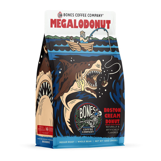 Bones Coffee Company Megalodonut, Boston Cream Donut Flavored Coffee, Medium Roast Low Acid Arabica Beans Compatible with Auto drip and French Press Coffee Maker, 12 Oz Whole Bean