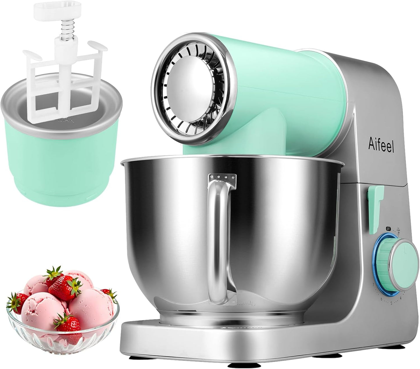 Aifeel Stand Mixer,6.5QT Kitchen Electric Mixer with 2QT Ice Cream Maker Bowl, 6 in 1 Multifunctional Bread Dough Mixer with Dough Hook,Whisk & Beater, Food Mixer for Baking (Green-Silver)