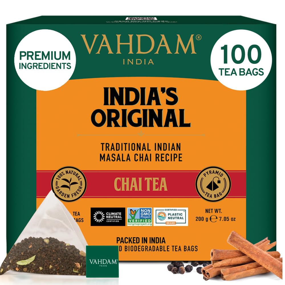 VAHDAM, India's Original Masala Chai Tea Bags (100 Count) No Added Flavoring | Blended w/Exotic Spices | Whole Leaf Tea Bags | Resealable Ziplock Pouch