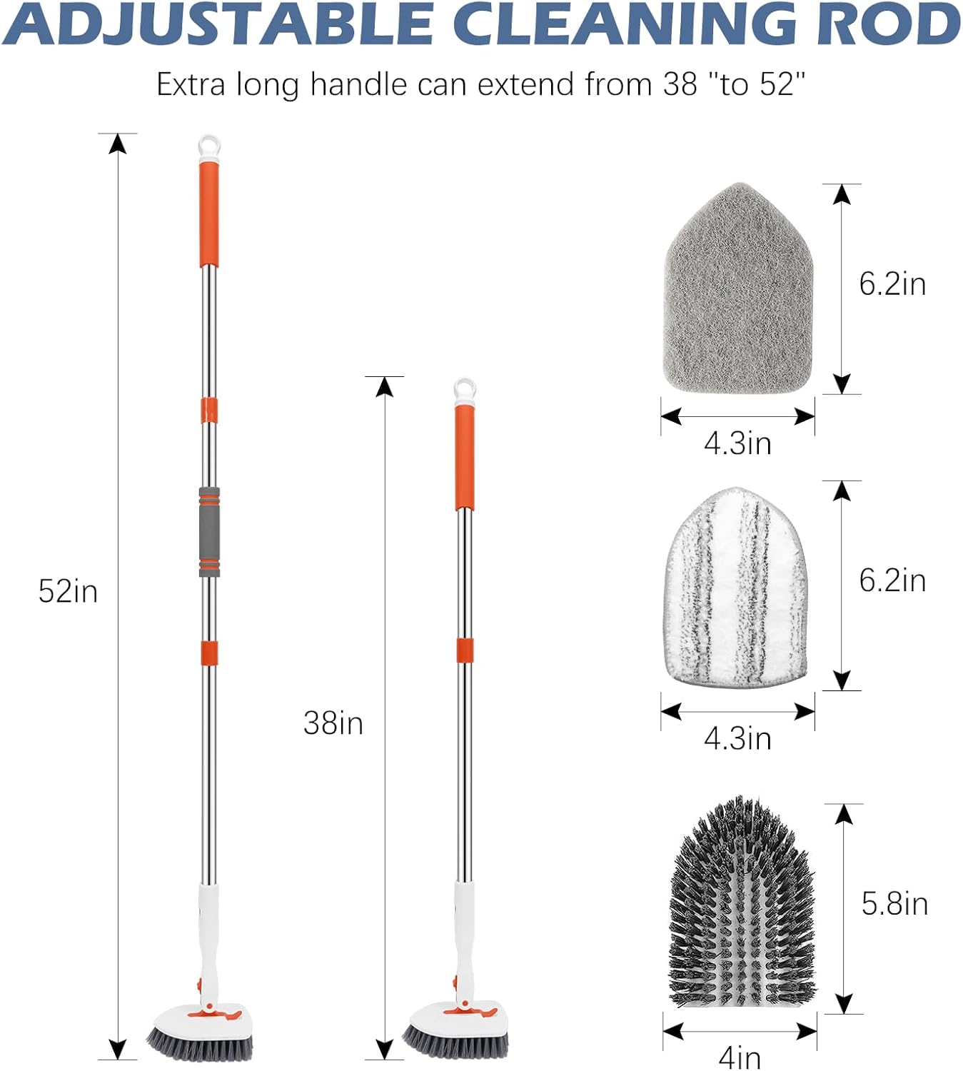 SetSail Floor Scrub Brush, 3-In-1 Tile Tub Floor Scrubber with 52-inch Adjustable Long Handle Shower Cleaner Brush and 4 Detachable Replacement Brush Heads for Cleaning Bathroom Kitchen Walls Tub Tile