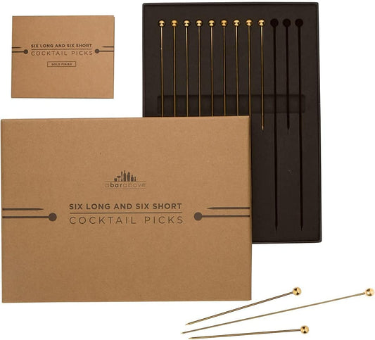 A Bar Above Gold Cocktail Picks, 12 Elegant Metal Skewers for Drink Garnishes, Appetizers, and Shrimp Cocktail, 8-Inch Reusable Stir Sticks for Bloody Marys, Old Fashioneds, and Charcuterie