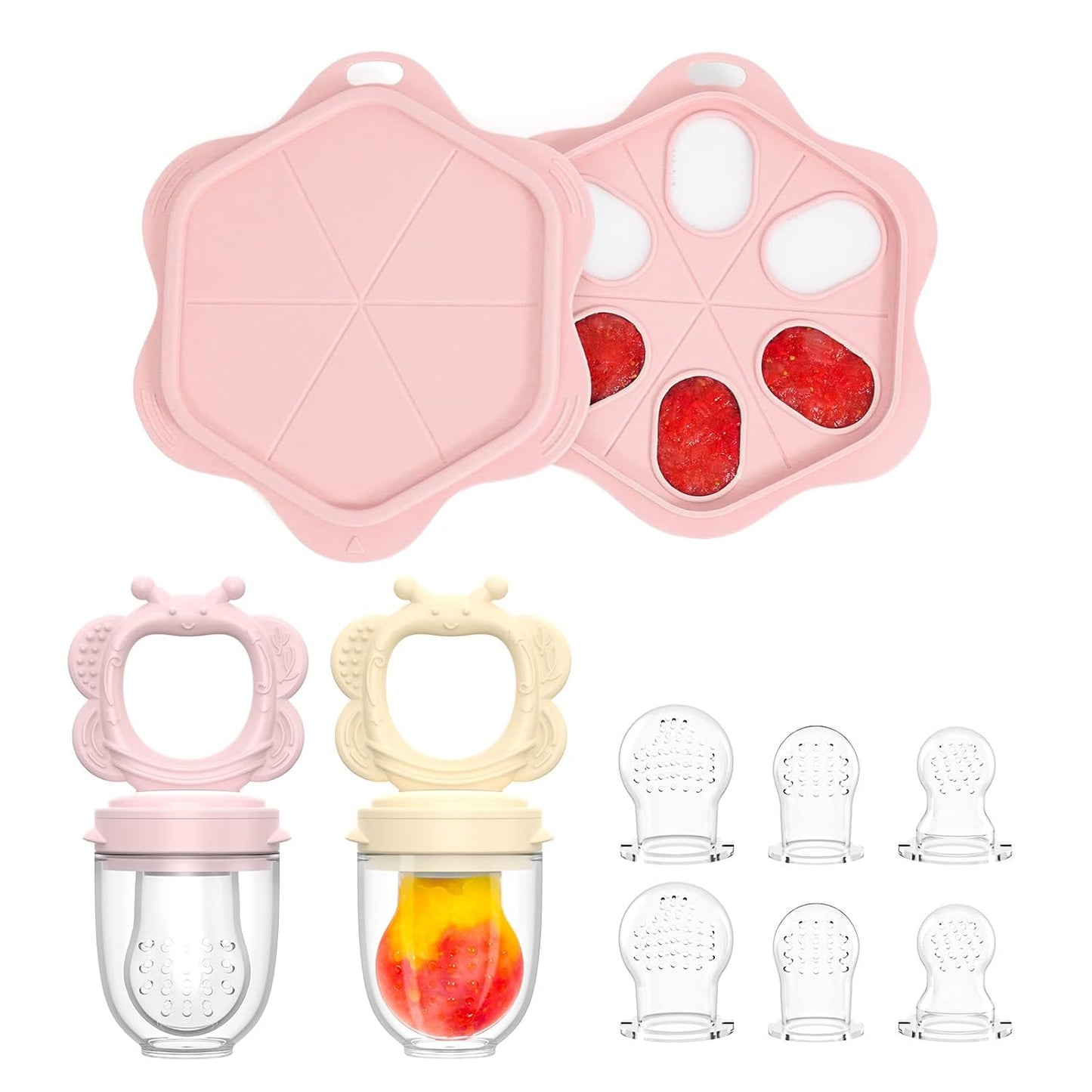 Silicone Baby Fruit Food Feeder (2 Pack) with Freezer Nibble Tray, Breastmilk Popsicle Molds for Baby Teething Relief, Feeder for Safe Infant Self Feeding, BPA Free, Dishwasher Safe, 3 Month+ Pink