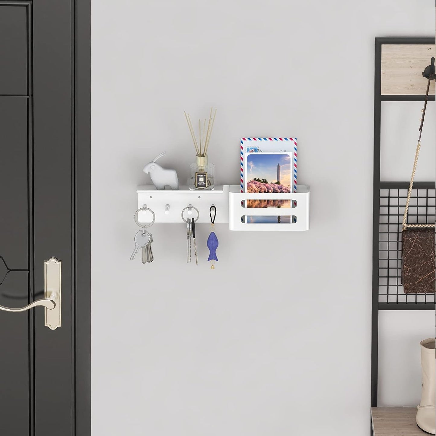 MKO Key Holder for Wall, 12.2In Mail Organizer Holder with Shelf, Metal Key Rack Adhesive Wall Mount, White