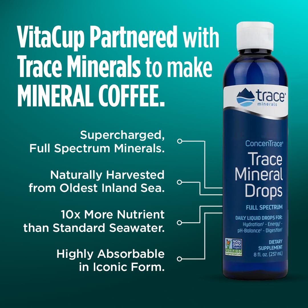 VitaCup Mineral Coffee with Trace Minerals, Hydrate, Replenish & Restore w/All Natural Sea Minerals, Electrolytes, Organic Coffee, Single Origin, Medium Dark Roast, Ground Coffee, 2 Bags 10oz Each