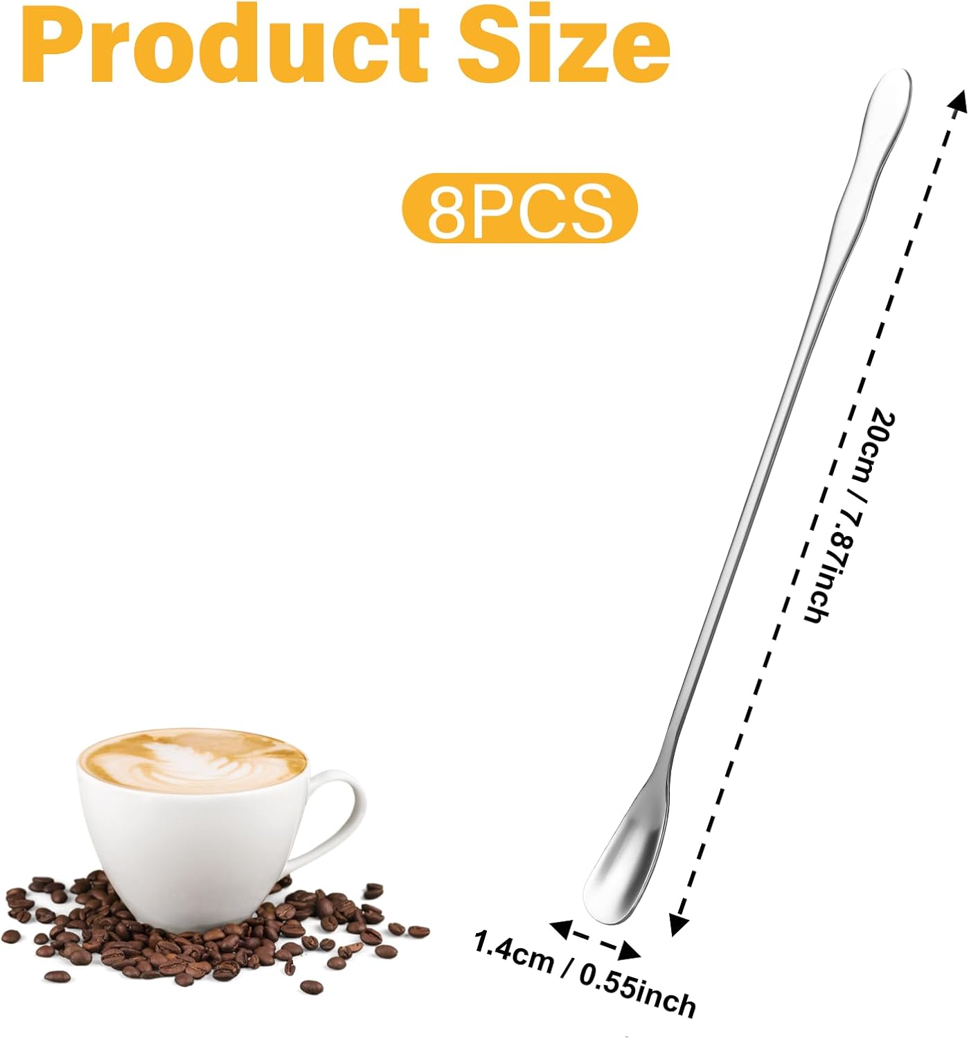 8 PCS Stainless Steel Coffee Stirrers - Long Spoon Reusable Cocktail Stir Sticks - 7.87 Inch Bar Spoon for Stirring Coffee, Cold Drink
