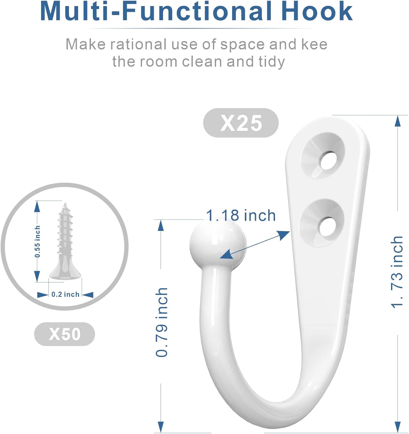 25PCS Wall Hooks | Hooks for Hanging | Wall Hooks for Hanging | Coat Hooks | Hooks for Hanging Heavy Duty | Wall Hangers with 50 Pieces Screws（White）