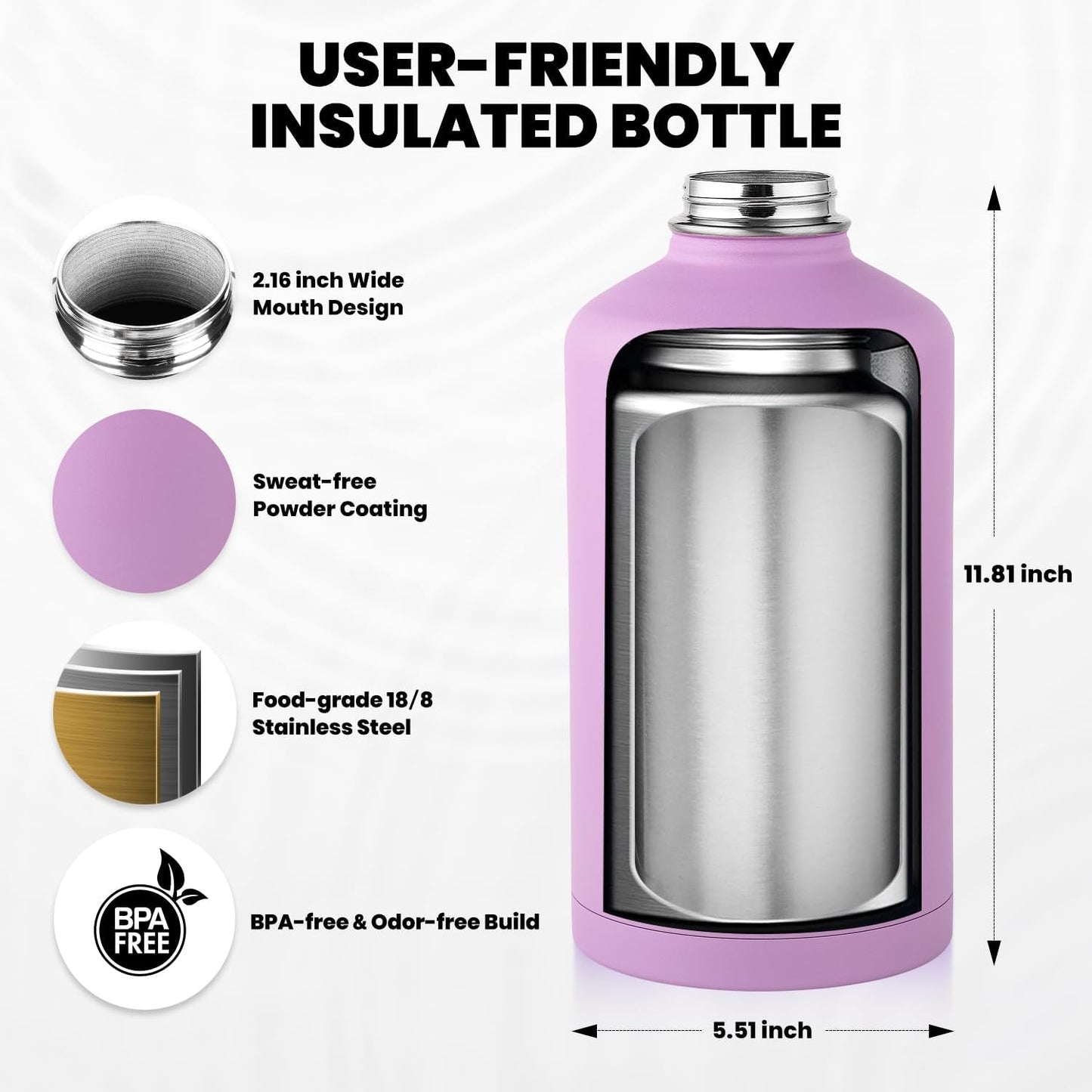 One Gallon Water Bottle Insulated, Triple Walled Vacuum Stainless Steel (Cold for 48 Hrs), Leak Proof & Non-BPA, Large Water Flask Jug with Paracord Handle & Straw Spout Lids