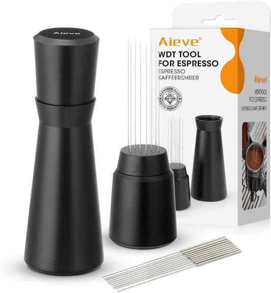 Aieve WDT Tool Espresso, Metal Distribution Tool with 10 x 0.4mm Stainless Steel Needles Espresso Stirrer, Coffee Distributor Aluminum Alloy Handle & Stand with 10 Extra Needle
