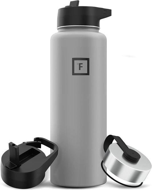 IRON °FLASK Camping & Hiking Hydration Flask with 3 Lids - Stainless Steel, Double Walled & Vacuum Insulated Water Bottle - Leak Proof & BPA Free (Graphite, Straw - 40 oz)
