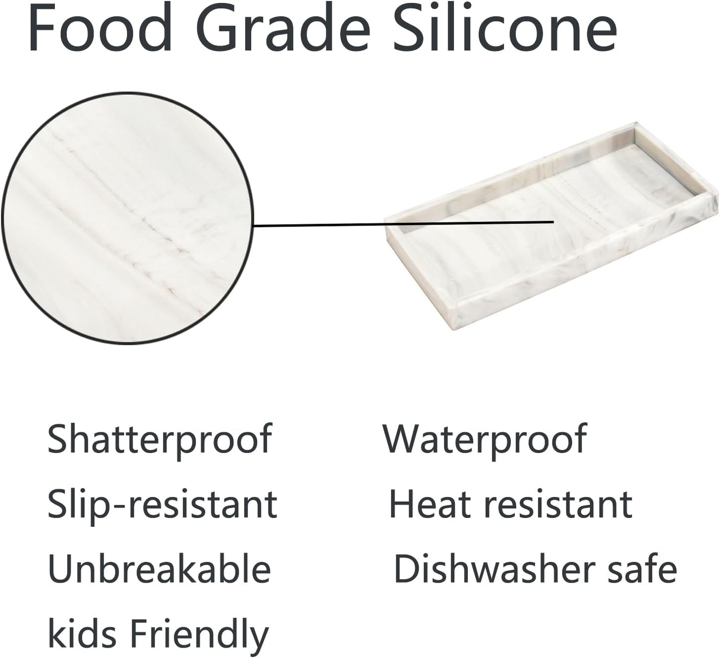 DNC 2PC 7.9" Small Silicone Bathroom Tray for Counter, Vanity Tray for Countertop, Kitchen Sink Soap Tray for Dish Holder Dispenser Toilet Tank Desk Organizer Marble White