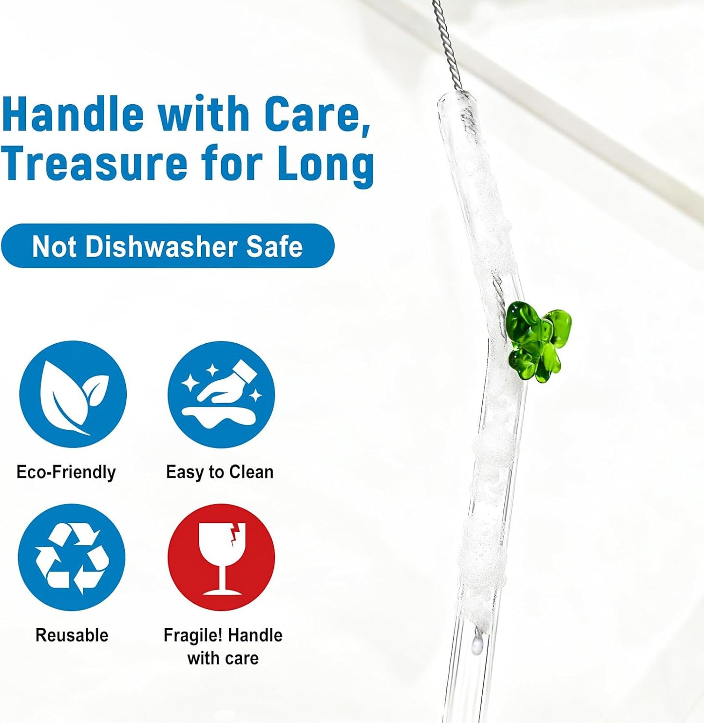 Cute Glass Straws with Charms, Bent 8mm 9in Clear Borosilicate Reusable Drinking Straws with Handmade Colored Bows for Cocktail, Iced Coffee, Tumbler, Mason Jars, Party & Gift Set with Case and Brush