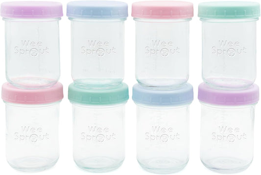 WeeSprout Baby Food Storage Glass Jars w/Lids (8 oz, 8 Pack) Pastel Variety, Snack, Reusable Small Containers, Fridge or Freezer, Microwave & Dishwasher Safe, Essentials for Infants
