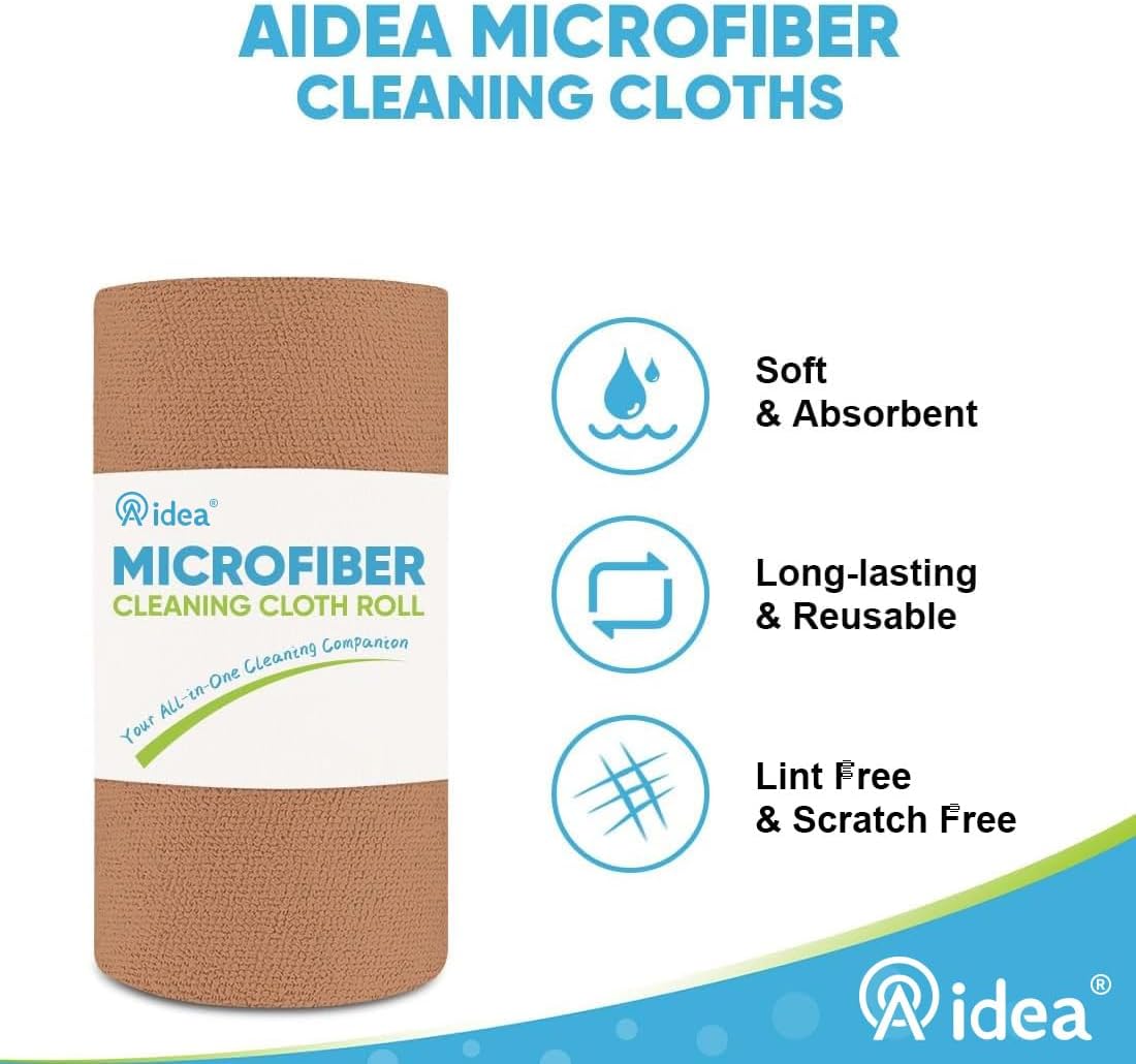 AIDEA Microfiber Cleaning Cloth Roll, 75PK, Reusable Paper Towels Tear Away Cloth, Microfiber Towels Washable Shop Rags, Lint Free Cleaning Rags for House, Kitchen, Window, 11.5"×11.5", Coffee