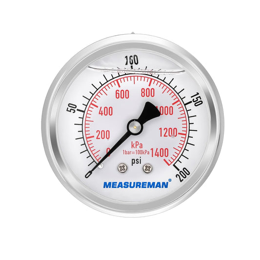 MEASUREMAN 2-1/2inch Dial Size, Glycerin Filled Pressure Gauge, 0-200psi/kpa, 304 Stainless Steel Case, 1/4inchNPT Center Back Mount