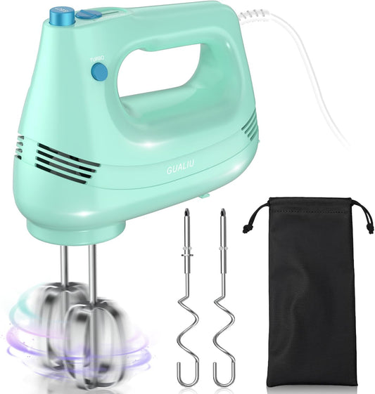Electric Hand Mixer with Stainless Steel Whisk, Dough Hook Attachment and Storage Bag, Handheld Mixer for Baking Cakes, Eggs, Cream Food Mixers. Turbo Boost /5 Speed Kitchen Blender GREEN