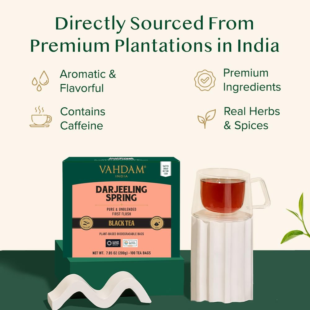 VAHDAM, Exotic Darjeeling First Flush Tea Leaves (100 Black Tea Bags) High Caffeine, Non GMO, Gluten Free | Aromatic & Robust | Unblended First Flush Darjeeling Tea Bags | Resealable Ziplock Pouch