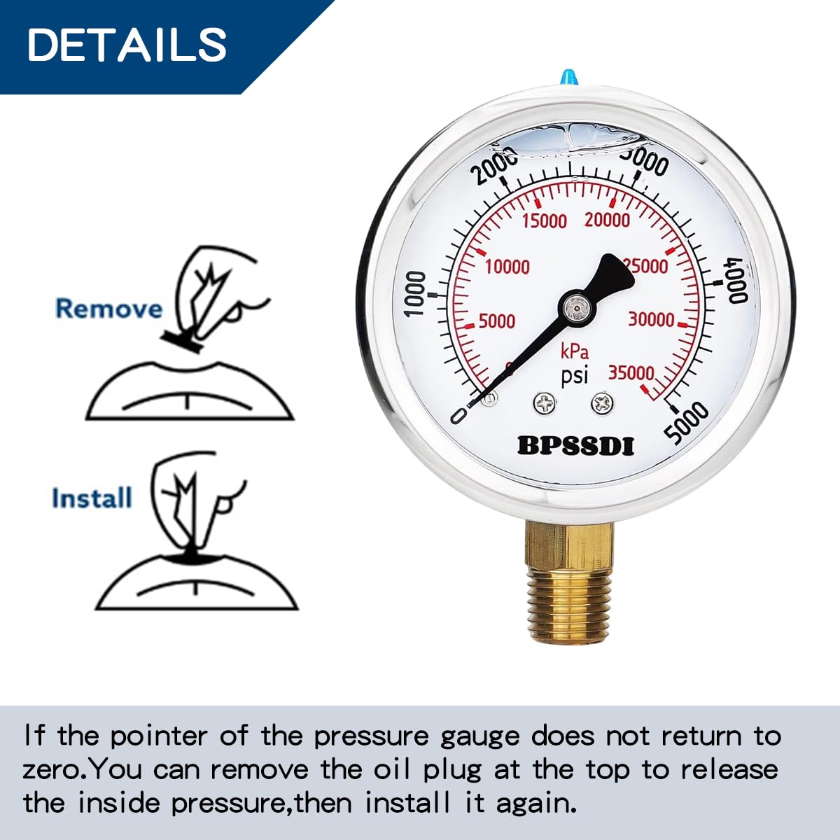 0-5000 Psi Glycerin Liquid Filled Hydraulic High Pressure Gauge, 2.5" Dial Size, 1/4" NPT Lower Mount, 304 Stainless Steel Case, for Water Oil Air Gas Pressure Test