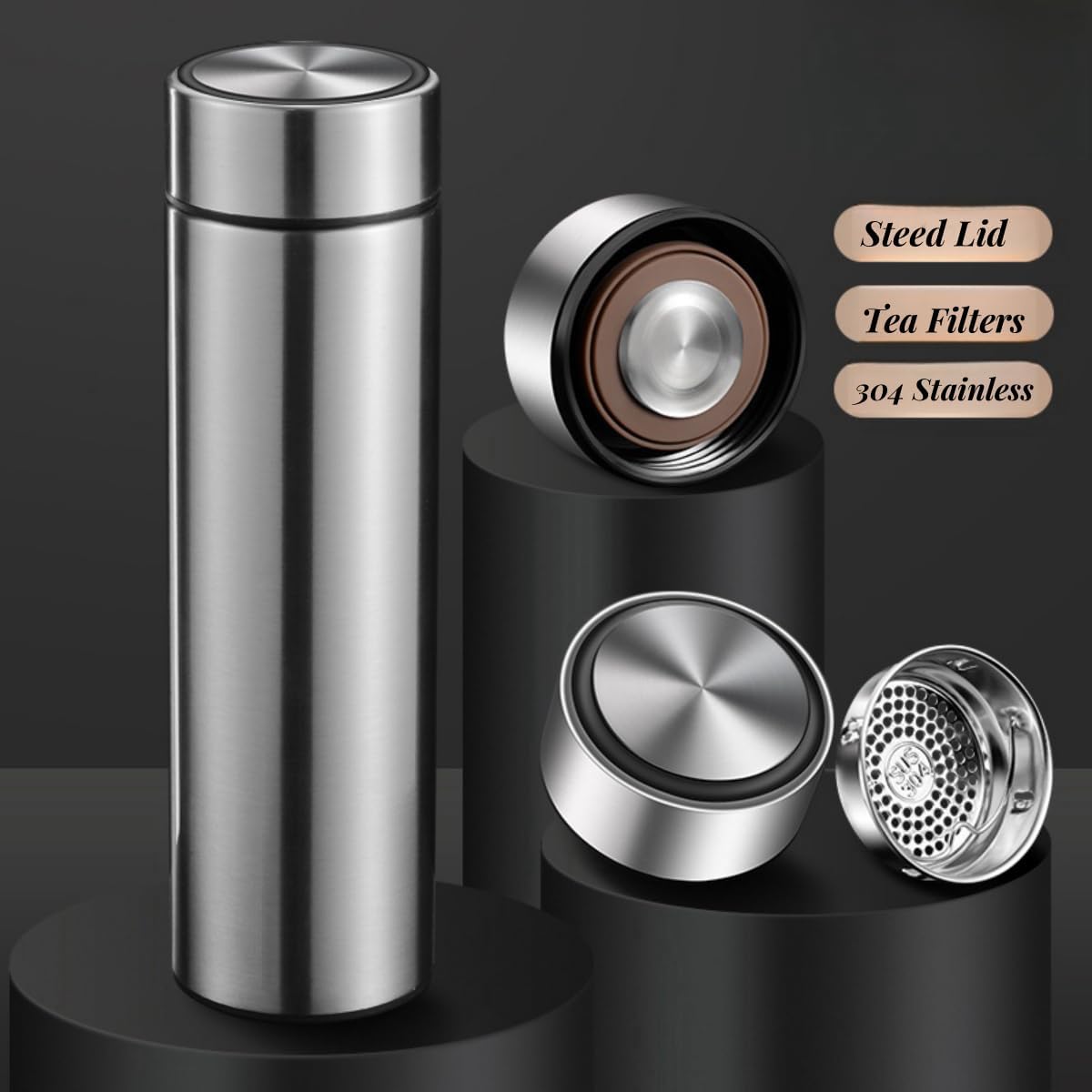 Insulated Water Bottles- Vacuum Tumbler for Coffee, Tea and Drinks with Stainless Steel Infuser - 15 oz Tea Thermo Travel Bottle/Keeps Drinks Hot or Cold for Hours/Gift Packing (Silver)